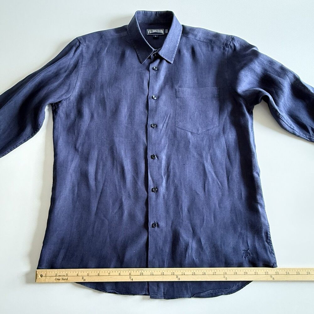 Vilebrequin Button-Up Long Sleeve Shirt Men's Large Blue Linen Coastal Tropical - Picture 13 of 16